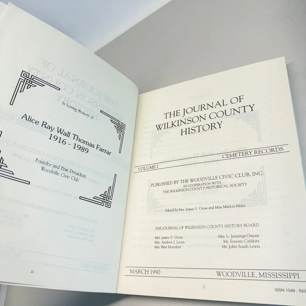 Journal of Wilkinson County History Vol I Cemetery Records 1990 Woodville MS